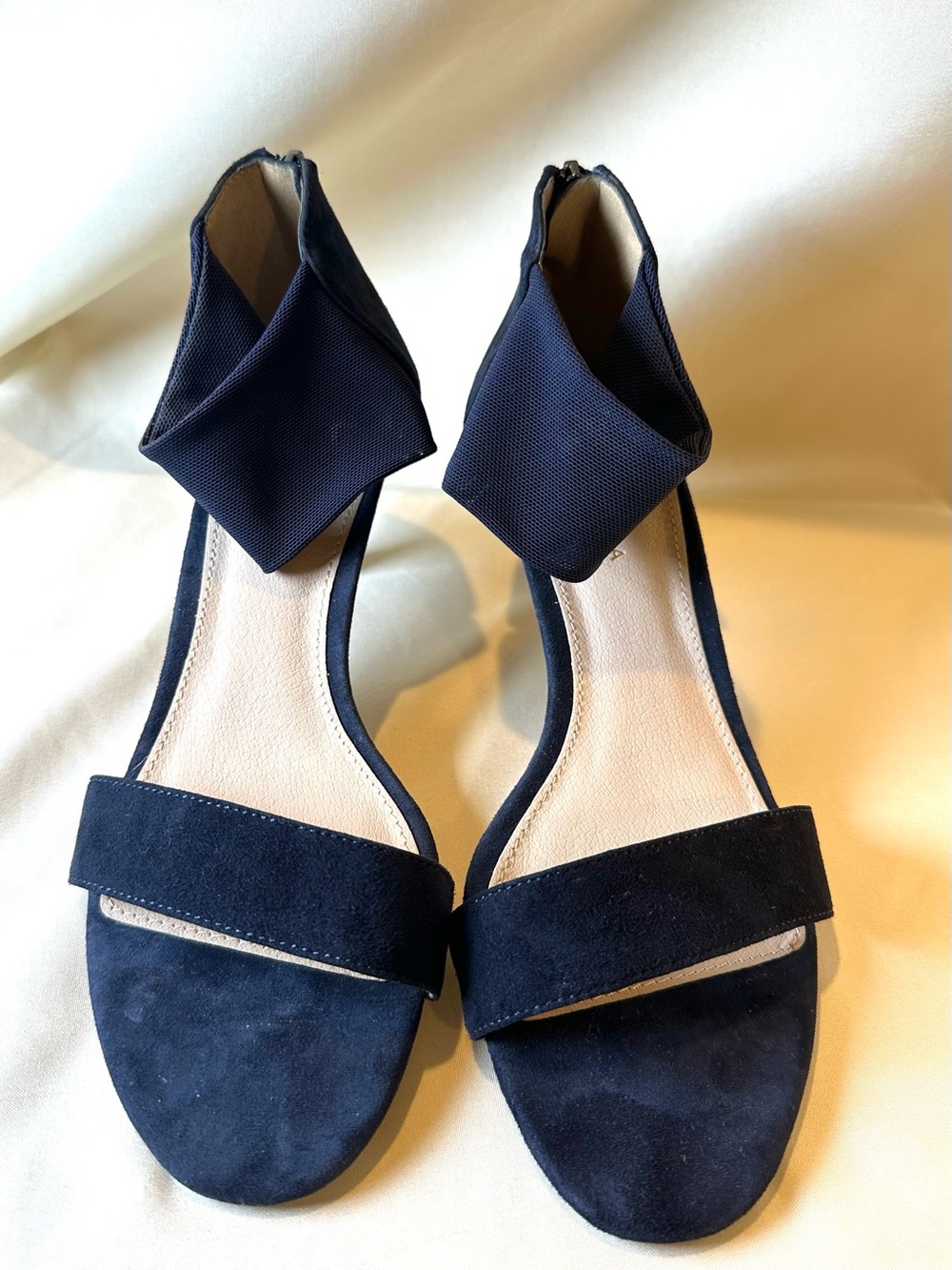 Women's Navy Suede ankle strap Open-Toe Kitten Heel Sandals classic minimalist